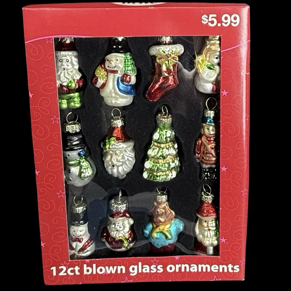 VTG MerryBrite CHRISTMAS FIGURAL ORNAMENTS (12ct) HandBlown - 2.5" Minis - NOS